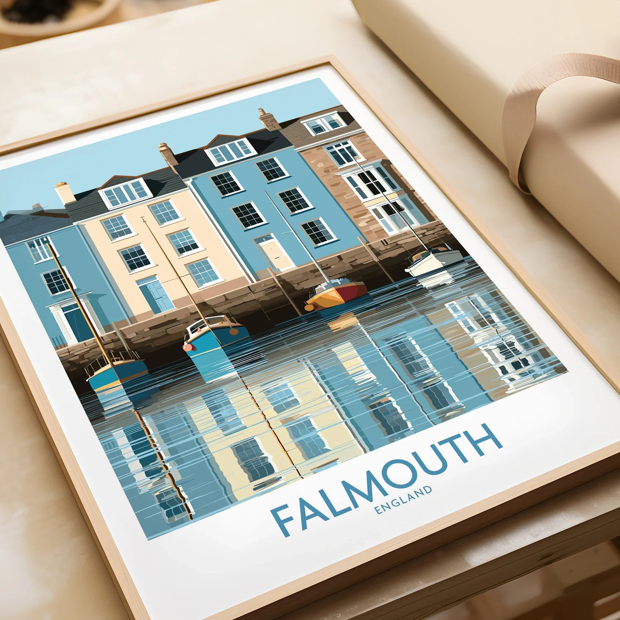 Falmouth Cornwall Quayside Houses Wall Art — framed art print closeup gift unwrapped natural frame