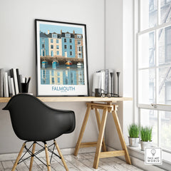 Falmouth Cornwall Quayside Houses Wall Art — framed poster black frame on office desk modern