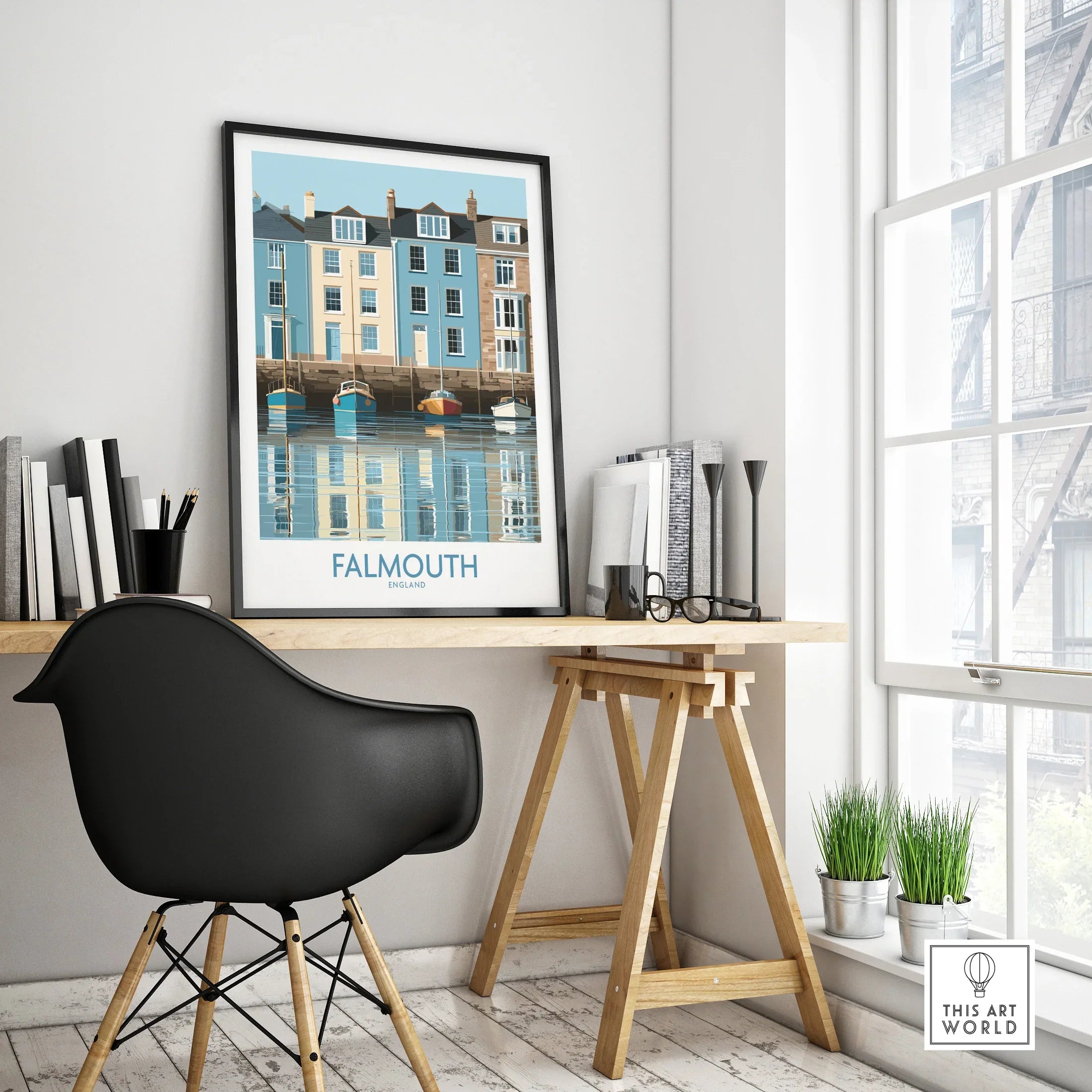 Falmouth Cornwall Quayside Houses Wall Art — framed poster black frame on office desk modern