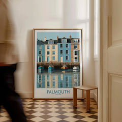Falmouth Cornwall Quayside Houses Wall Art — framed canvas on floor man walking past