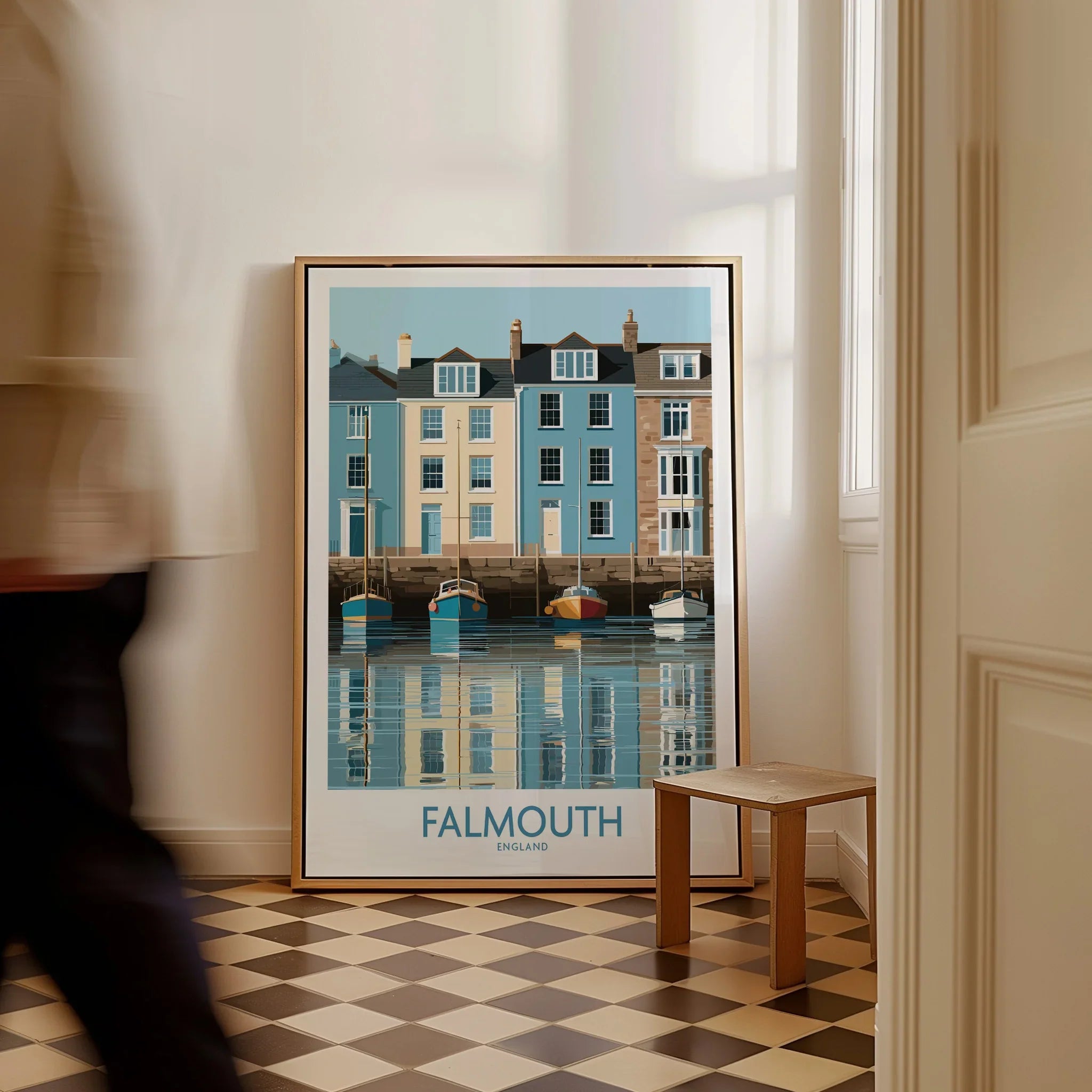 Falmouth Cornwall Quayside Houses Wall Art — framed canvas on floor man walking past