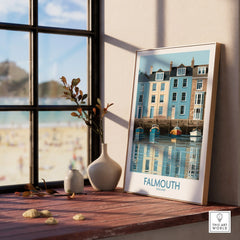 Falmouth Cornwall Quayside Houses Wall Art — framed print window view natural wood frame
