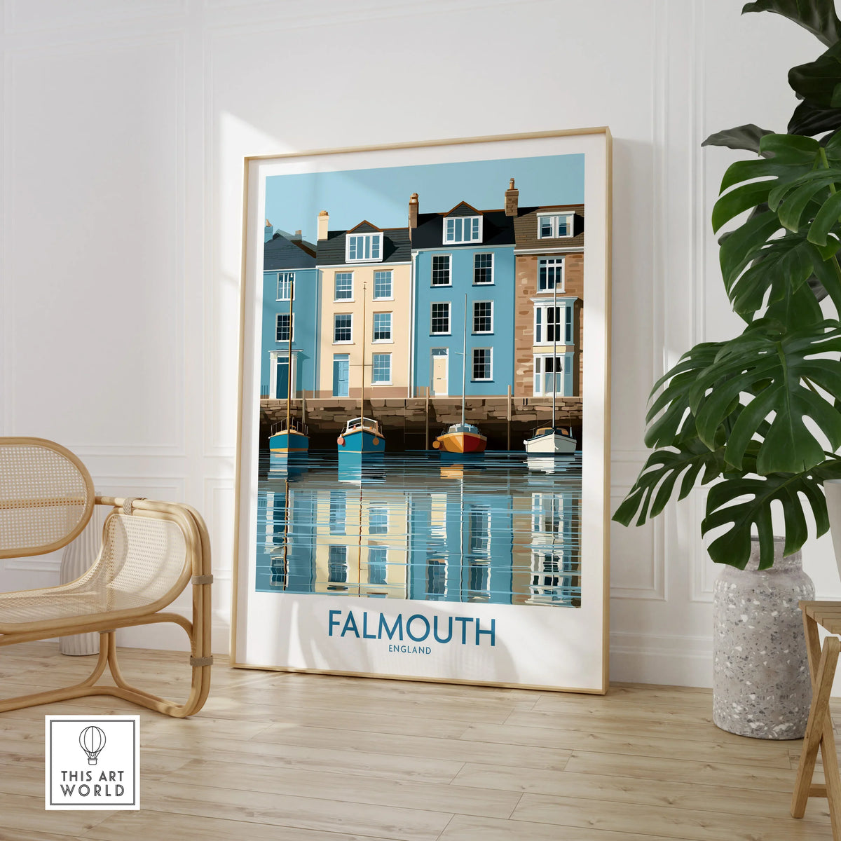 Falmouth Cornwall Quayside Houses Wall Art — large framed print room setting chair plant