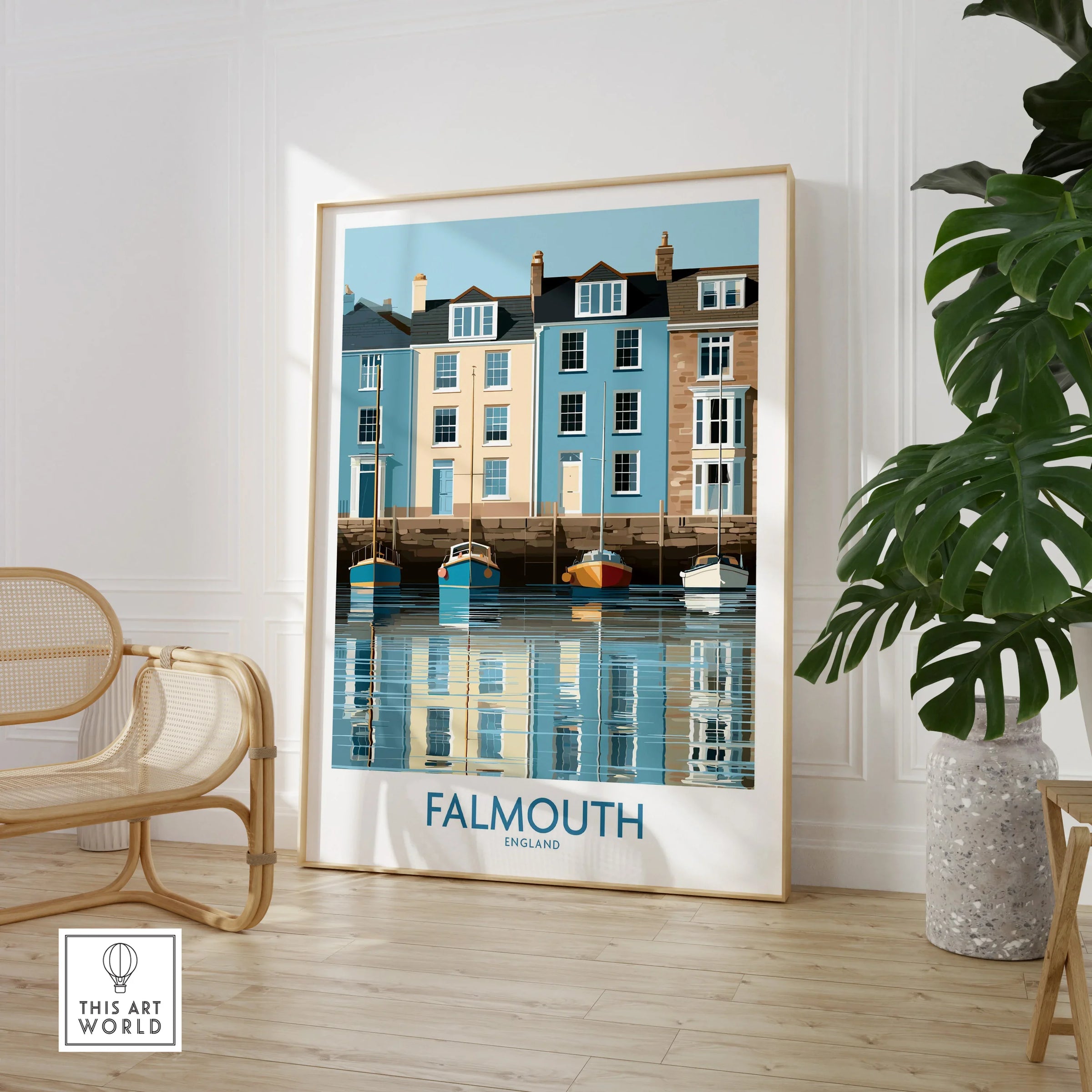 Falmouth Cornwall Quayside Houses Wall Art — large framed print room setting chair plant