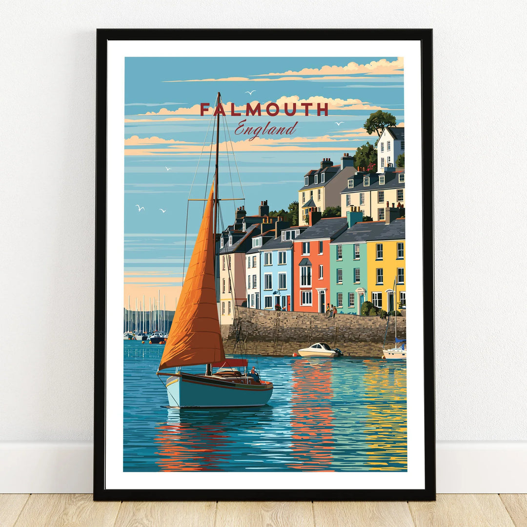 Falmouth Cornwall Sailboat Travel Poster — art print in black frame on wooden floor