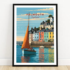 Falmouth Cornwall Sailboat Travel Poster — art print in black frame on wooden floor