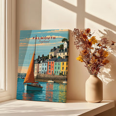 Falmouth Cornwall Sailboat Travel Poster — canvas print window setting with shadows flowers