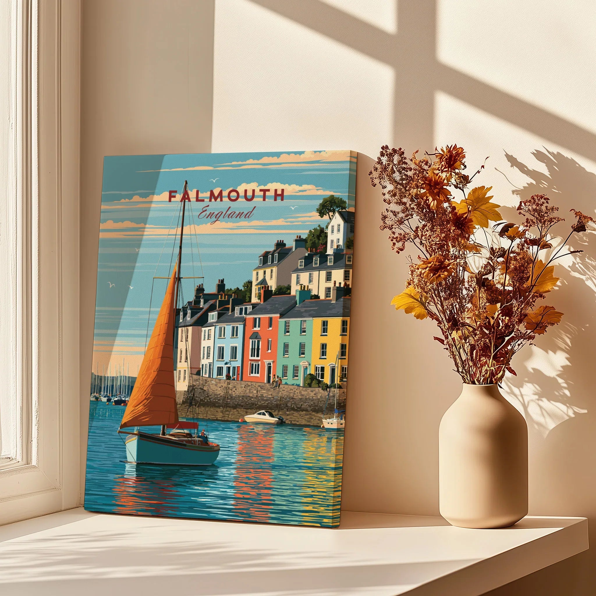 Falmouth Cornwall Sailboat Travel Poster — canvas print window setting with shadows flowers
