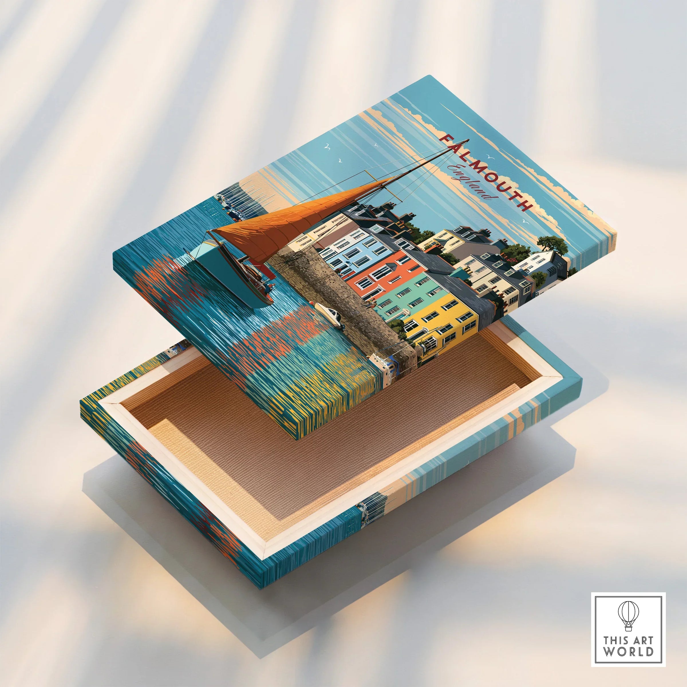 Falmouth Cornwall Sailboat Travel Poster — stretched canvas print floating detail mirror edge