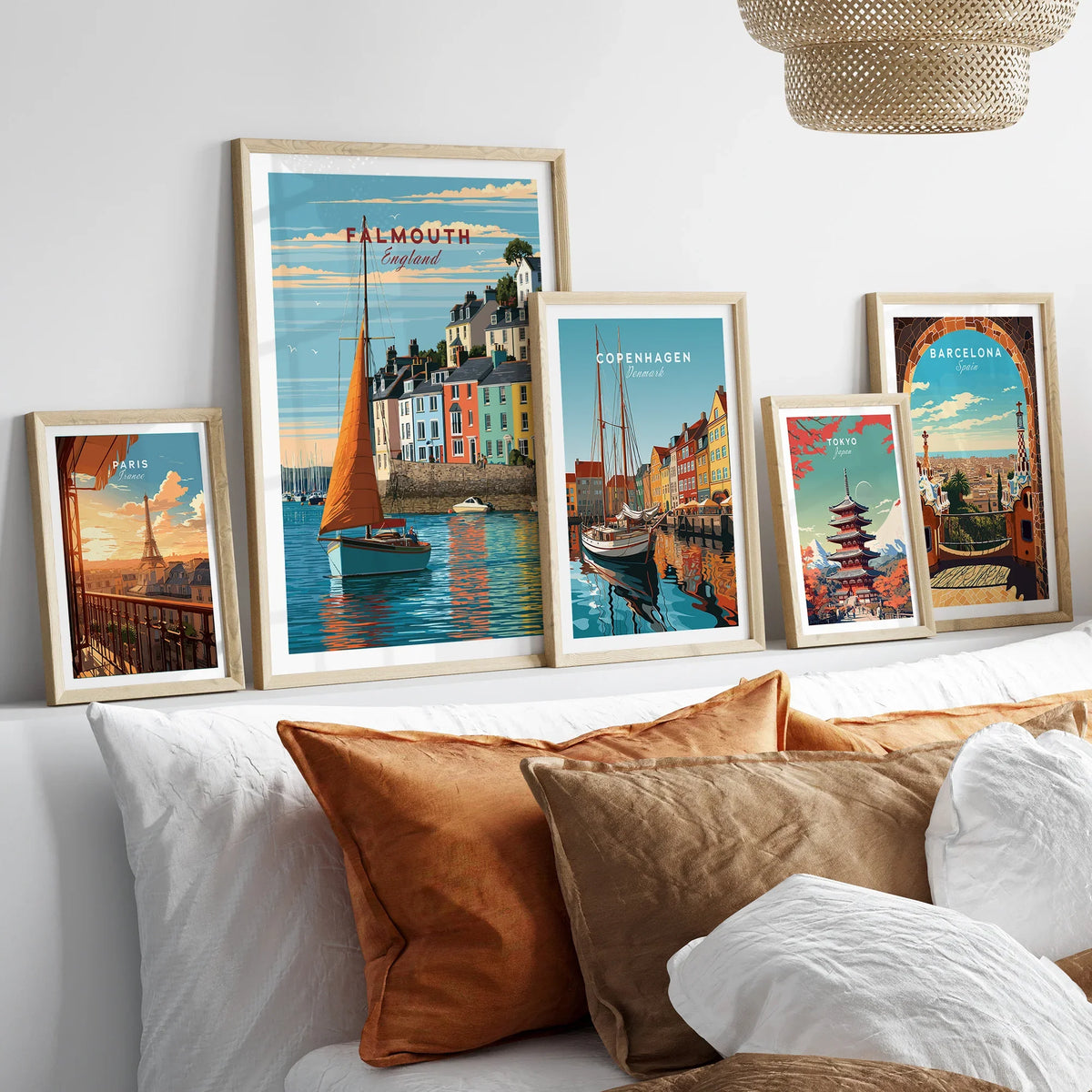 Falmouth Cornwall Sailboat Travel Poster — set five framed artprints above bed natural wood frames