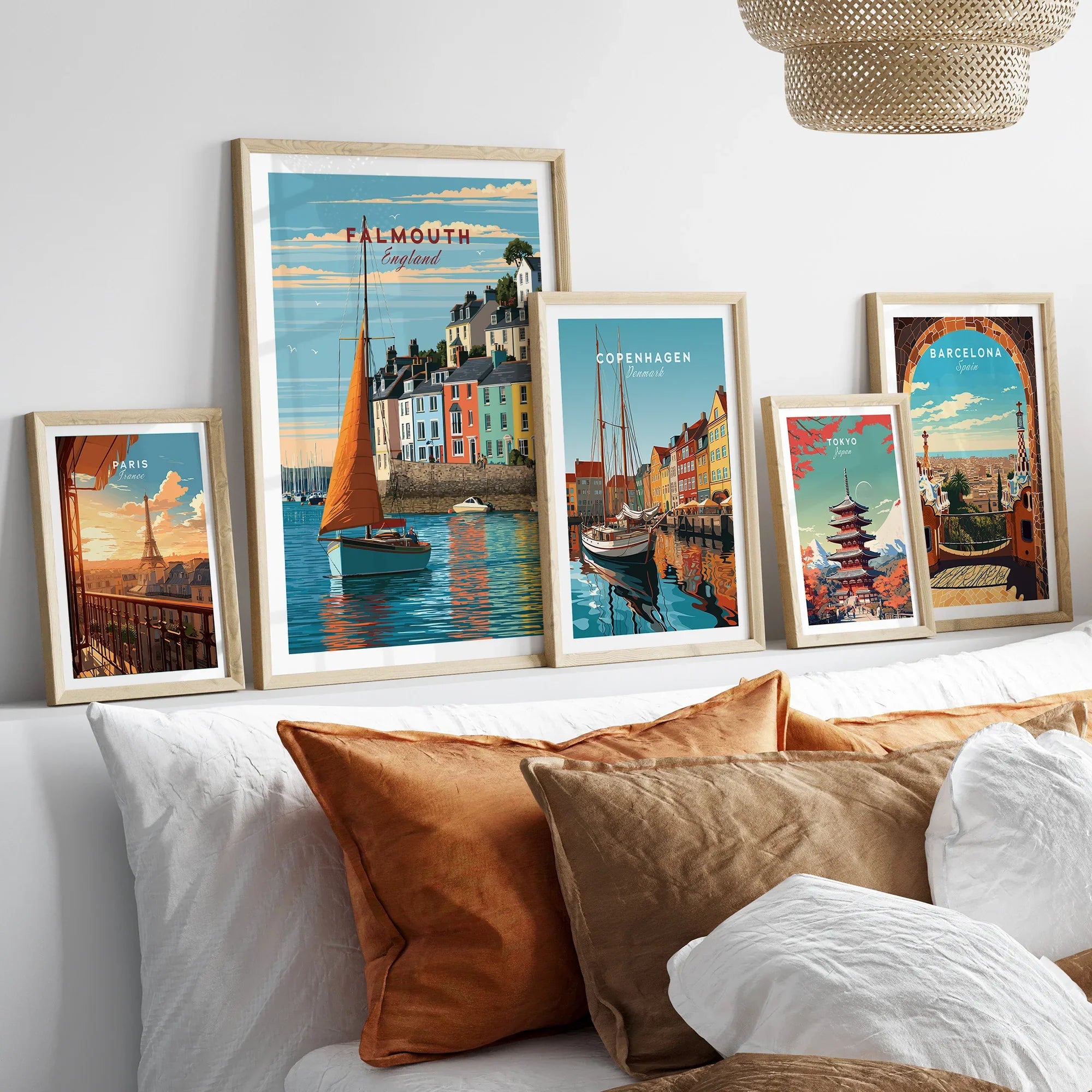 Falmouth Cornwall Sailboat Travel Poster — set five framed artprints above bed natural wood frames