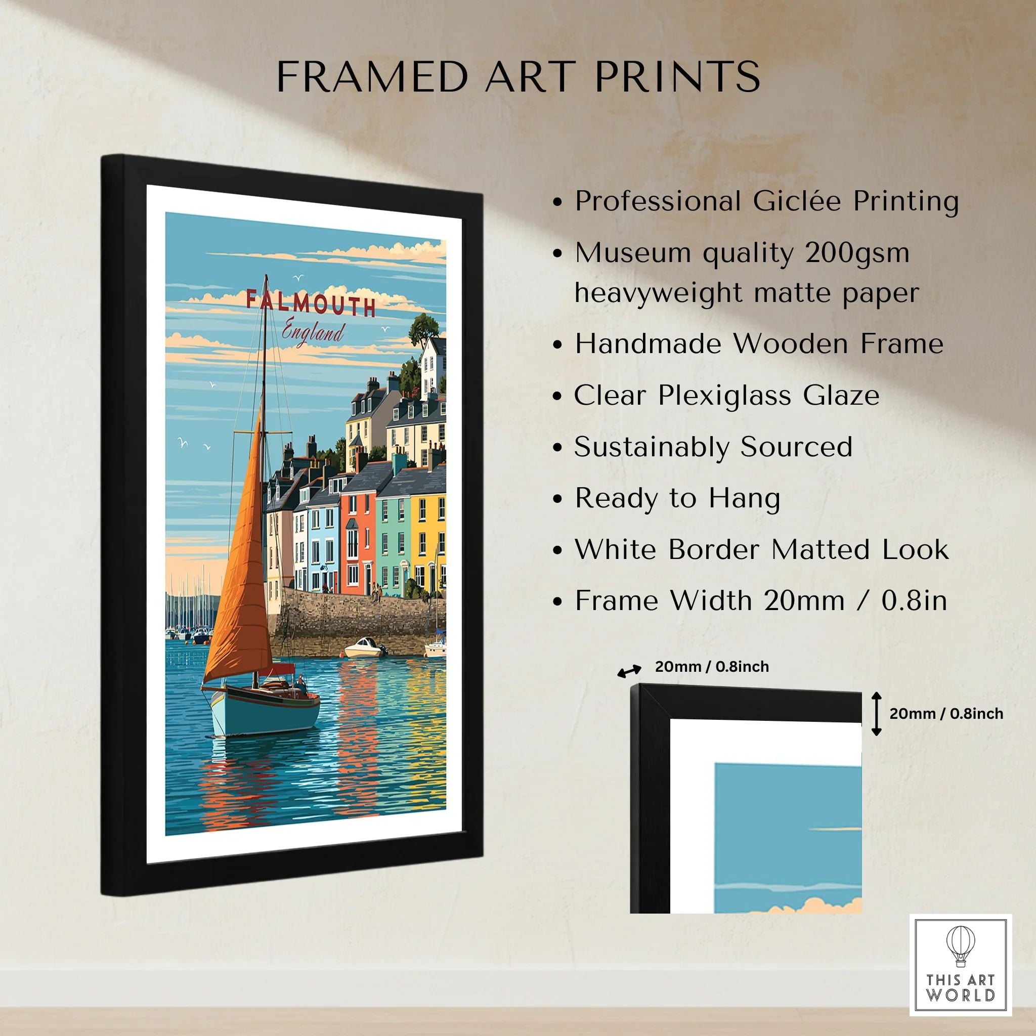 Falmouth Cornwall Sailboat Travel Poster — framed print details measurements quality details