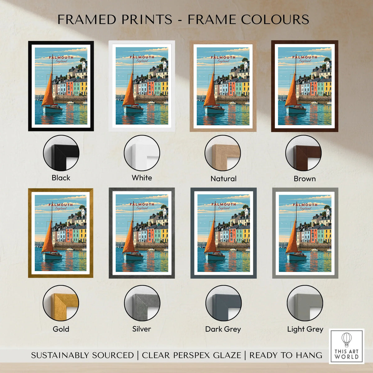 Falmouth Cornwall Sailboat Travel Poster — framed print colour options