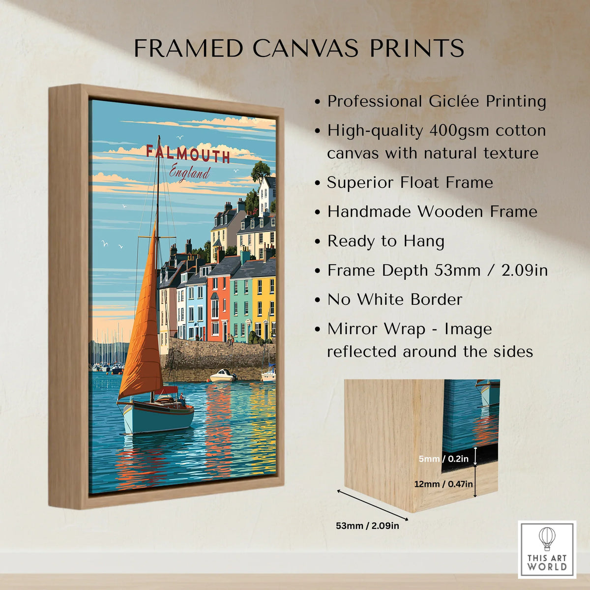 Falmouth Cornwall Sailboat Travel Poster — framed canvas float frame details quality