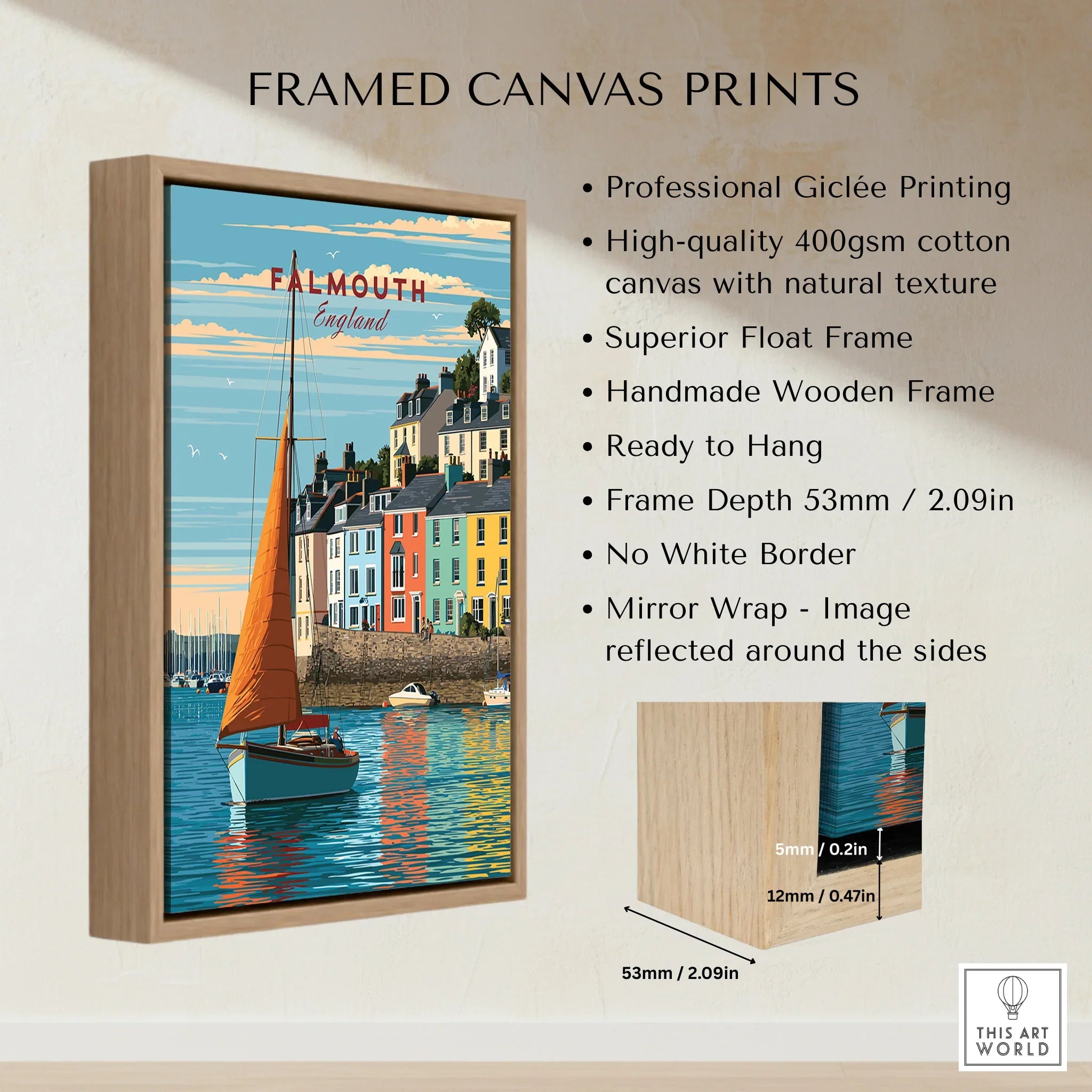 Falmouth Cornwall Sailboat Travel Poster — framed canvas float frame details quality