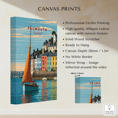 Falmouth Cornwall Sailboat Travel Poster — canvas print stretched cotton canvas details