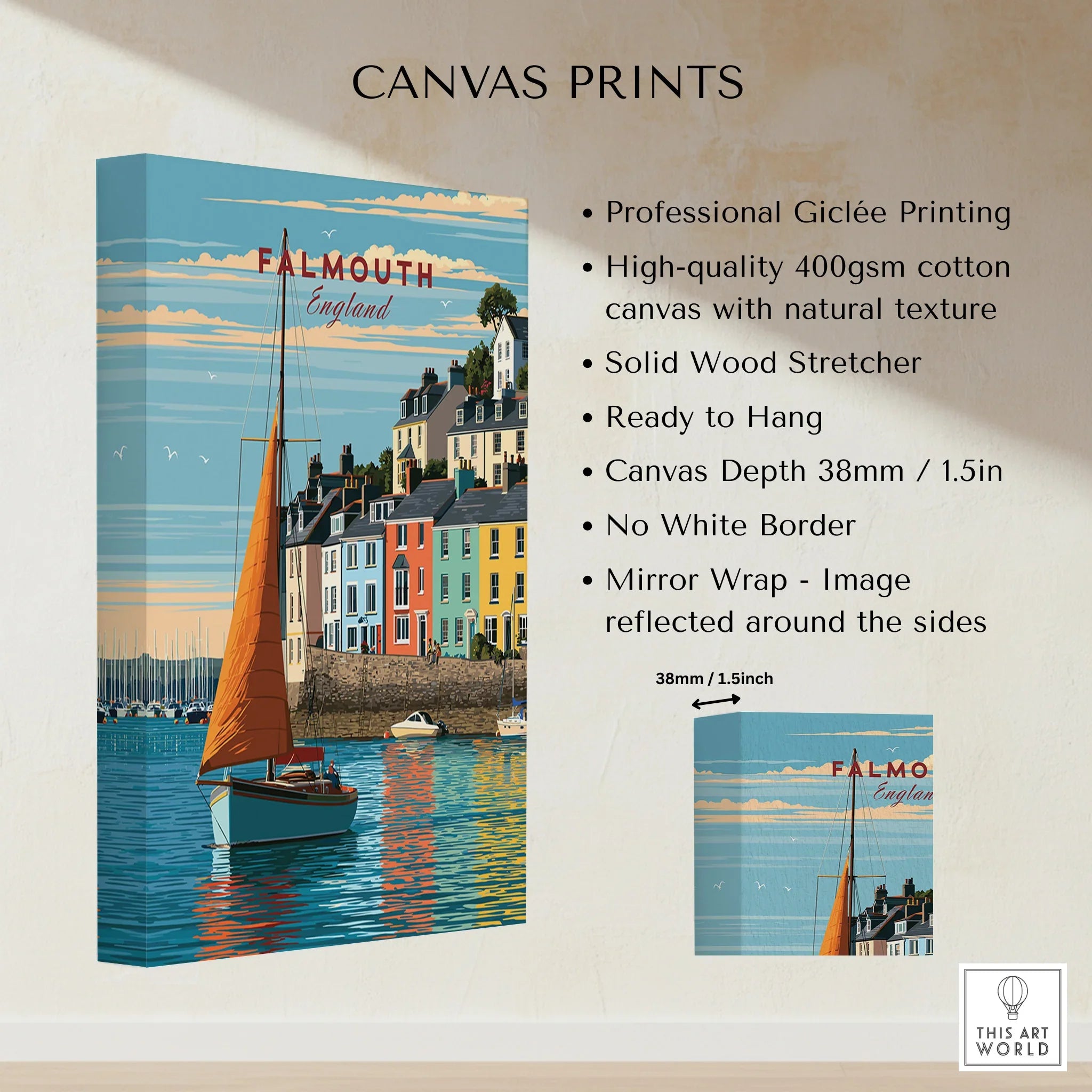 Falmouth Cornwall Sailboat Travel Poster — canvas print stretched cotton canvas details