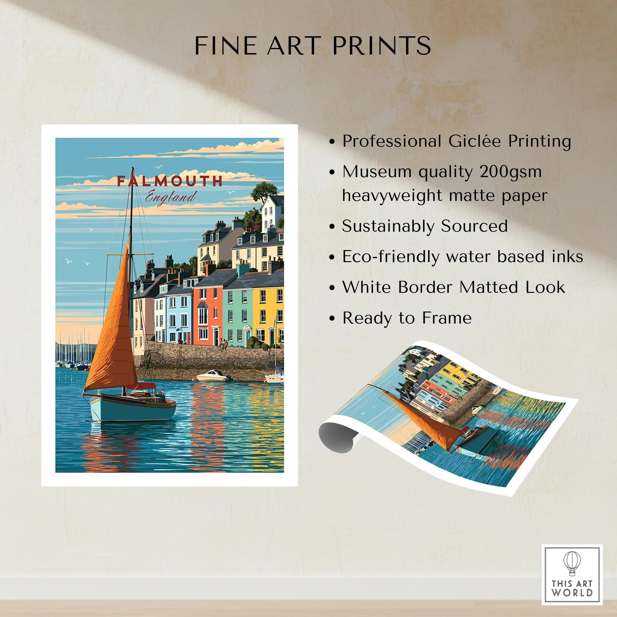 Falmouth Cornwall Sailboat Travel Poster — fine art print unframed quality details