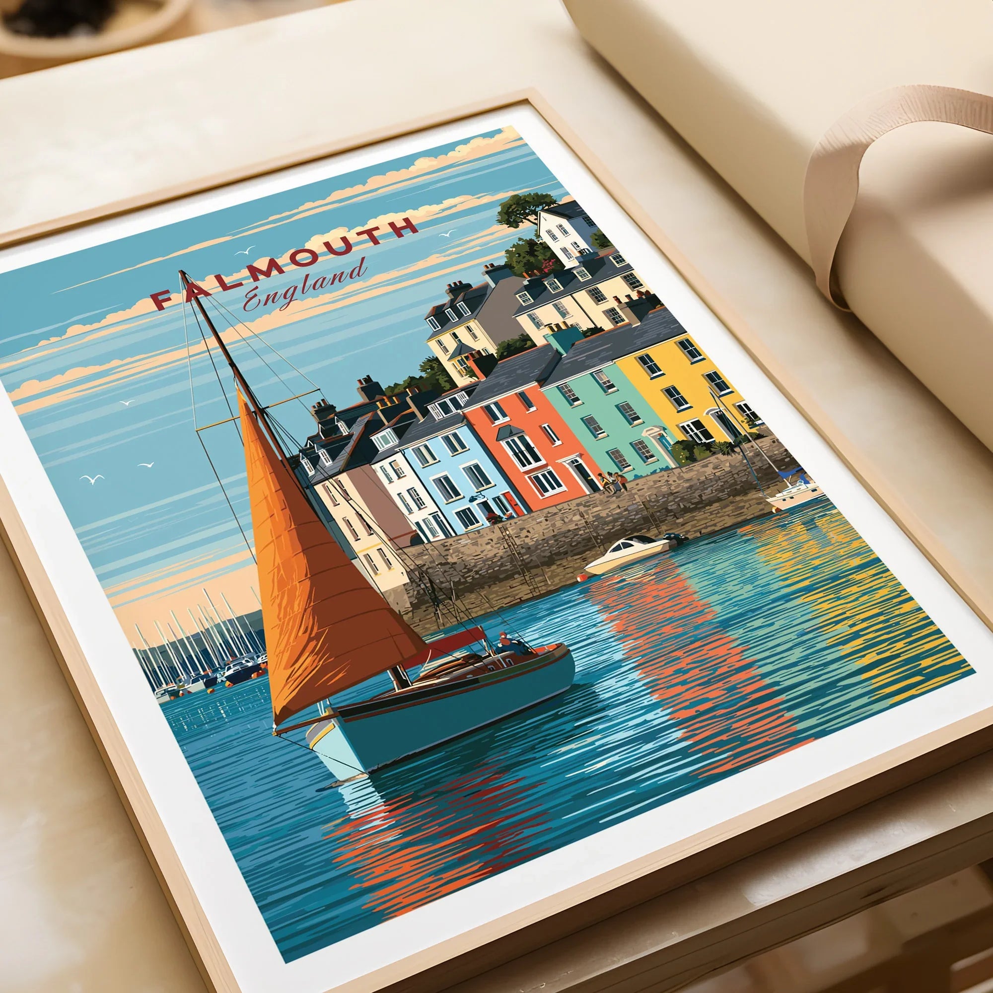 Falmouth Cornwall Sailboat Travel Poster — framed art print closeup gift unwrapped natural frame