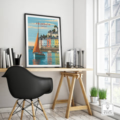 Falmouth Cornwall Sailboat Travel Poster — framed poster black frame on office desk modern