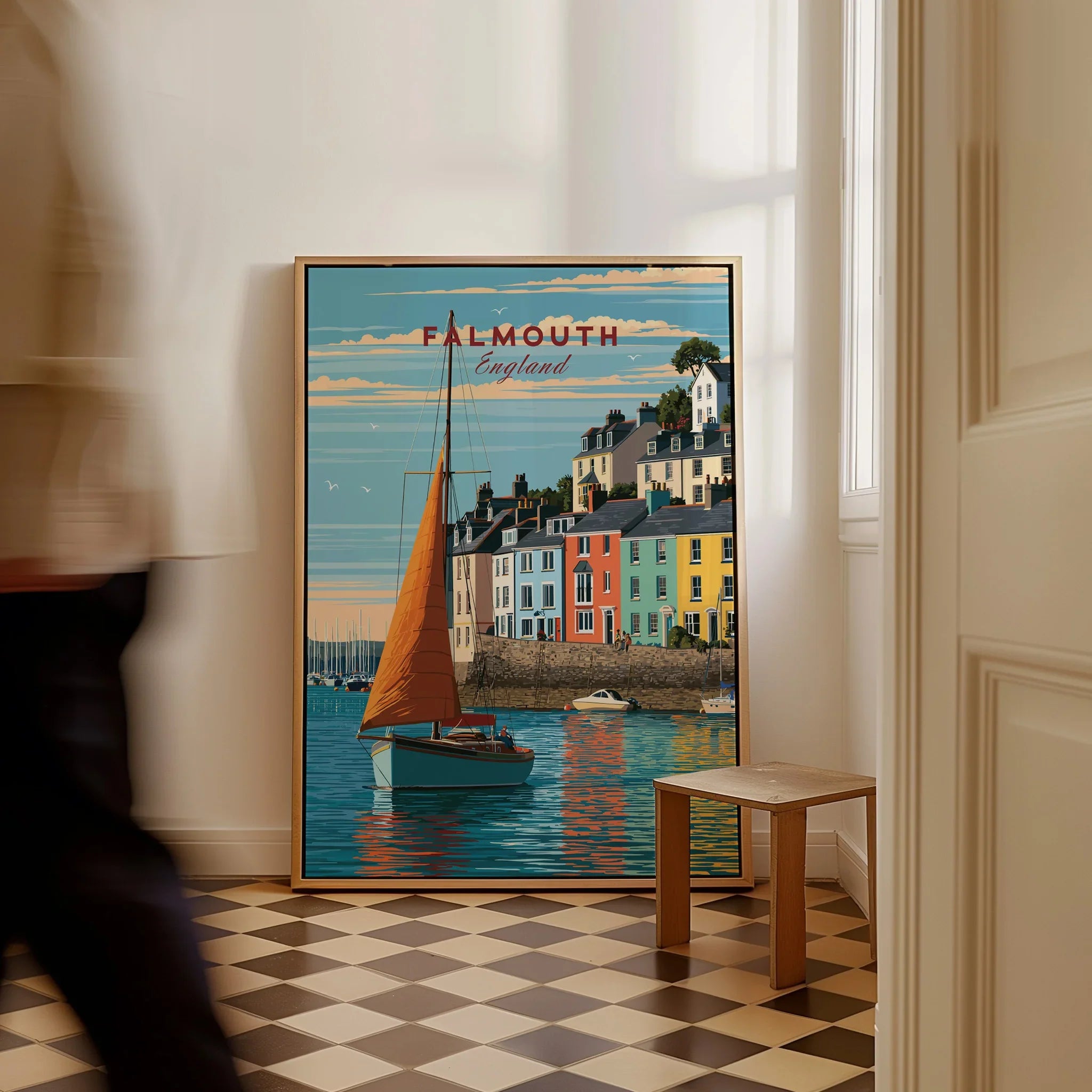 Falmouth Cornwall Sailboat Travel Poster — framed canvas on floor man walking past