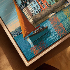 Falmouth Cornwall Sailboat Travel Poster — closeup framed canvas natural wood floating frame