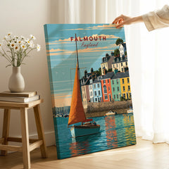 Falmouth Cornwall Sailboat Travel Poster — canvas print mirror edge hand holding room setting