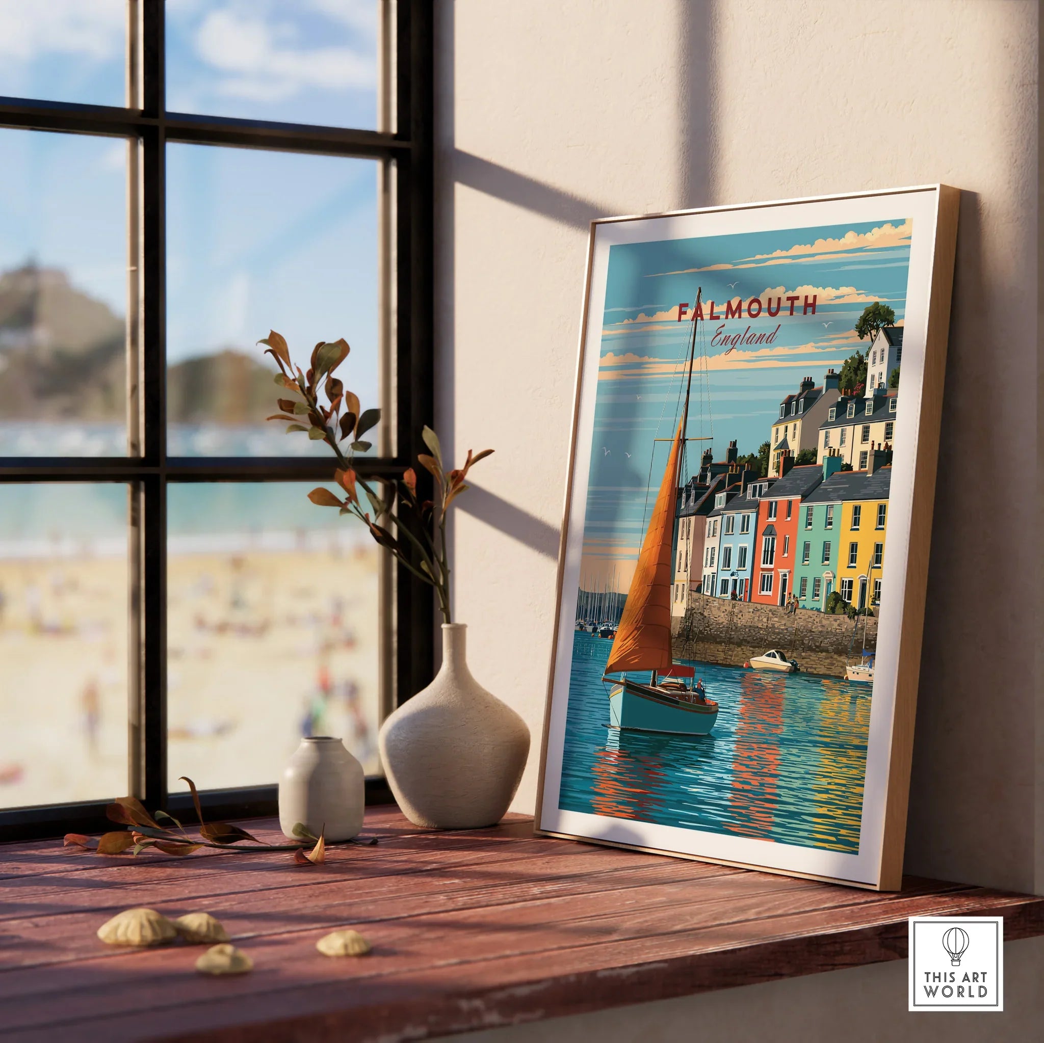 Falmouth Cornwall Sailboat Travel Poster — framed print window view natural wood frame