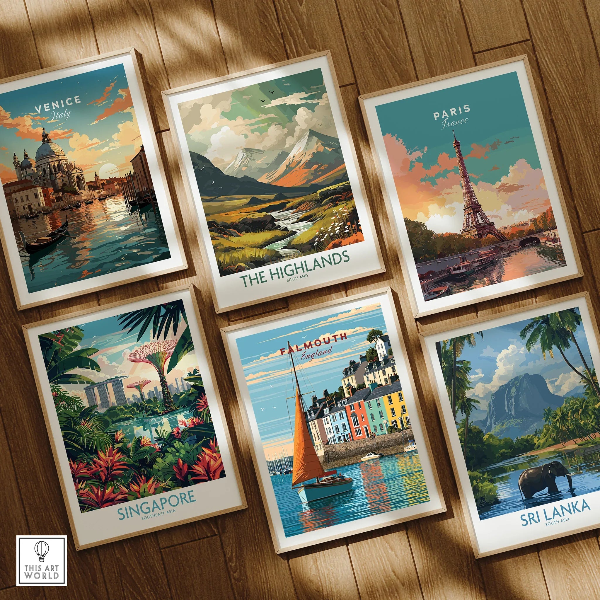 Falmouth Cornwall Sailboat Travel Poster — set six framed art prints wooden floor natural wood frames