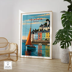 Falmouth Cornwall Sailboat Travel Poster — large framed print room setting chair plant