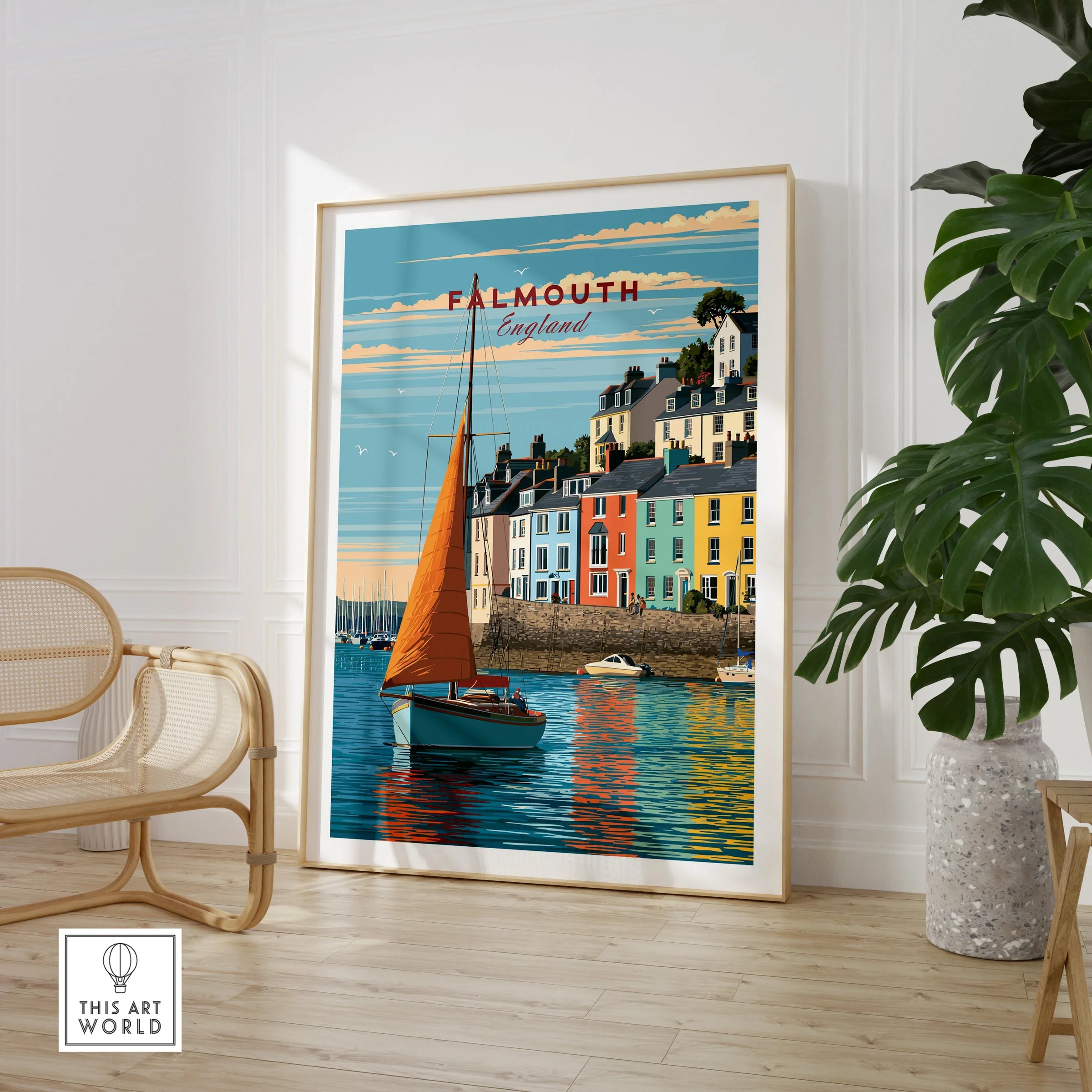 Falmouth Cornwall Sailboat Travel Poster — large framed print room setting chair plant