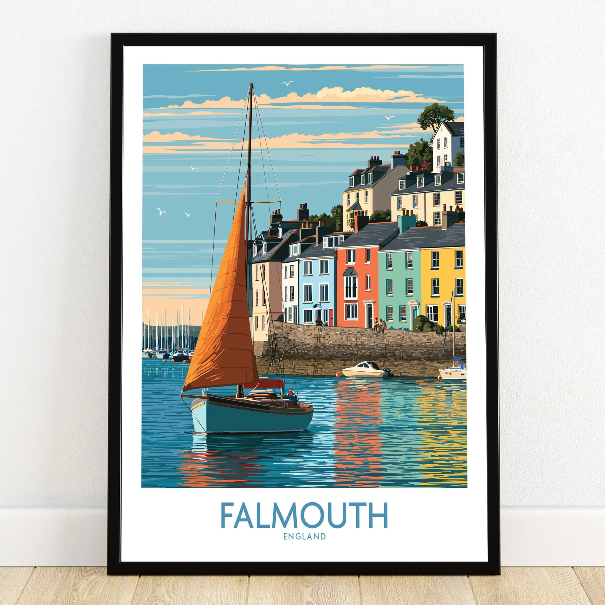 Falmouth Cornwall Harbour Sails Wall Art — art print in black frame on wooden floor