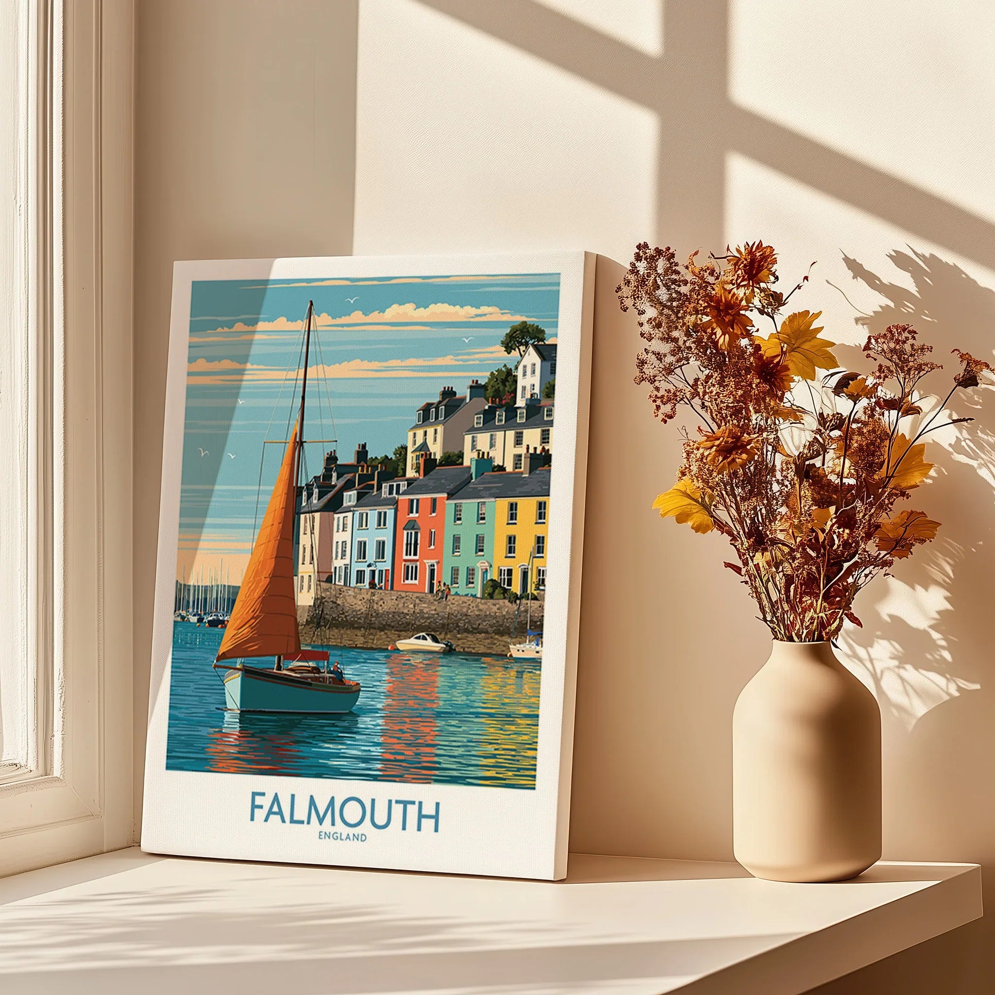 Falmouth Cornwall Harbour Sails Wall Art — canvas print window setting with shadows flowers