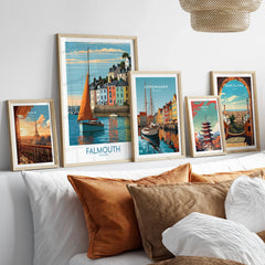 Falmouth Cornwall Harbour Sails Wall Art — set five framed artprints above bed natural wood frames