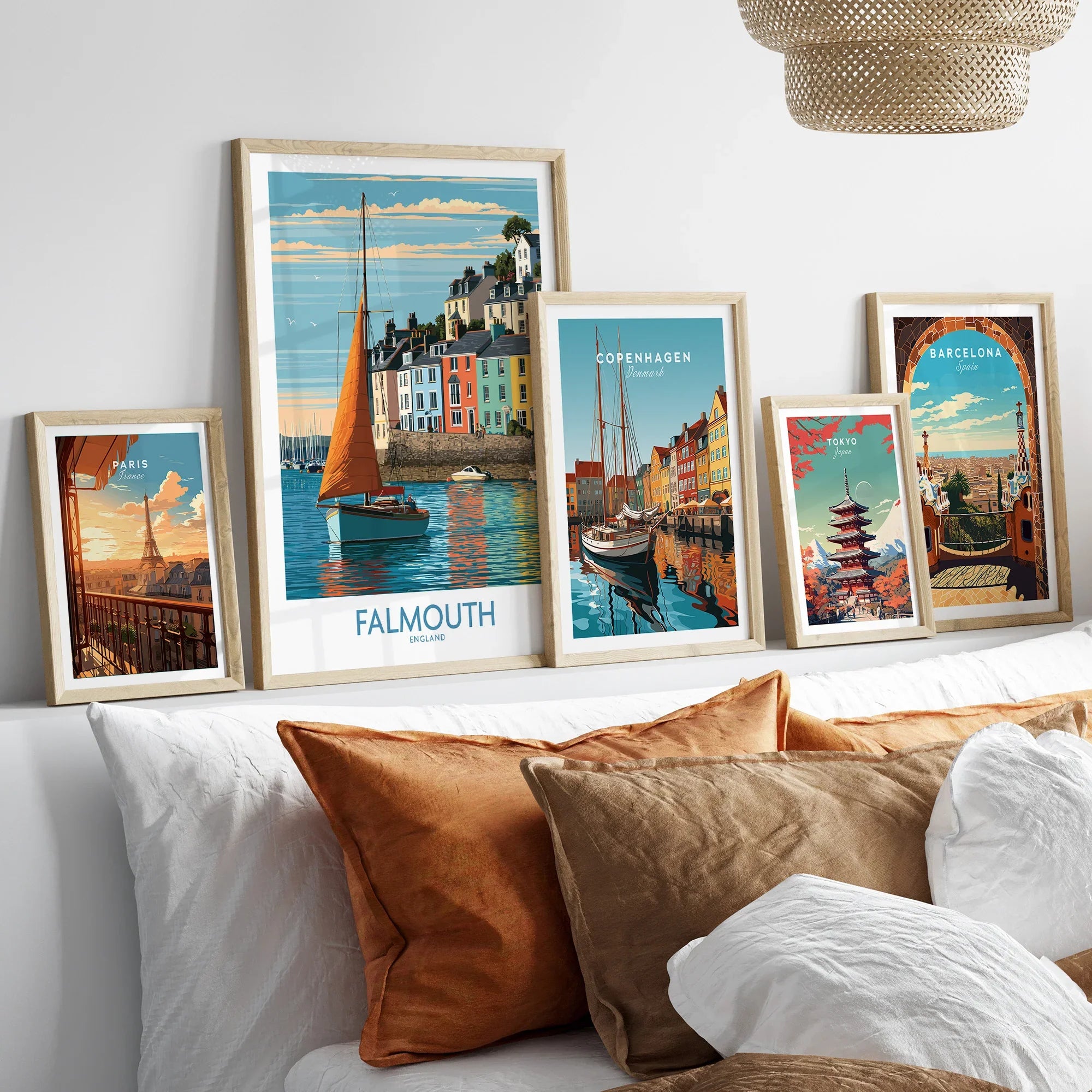 Falmouth Cornwall Harbour Sails Wall Art — set five framed artprints above bed natural wood frames