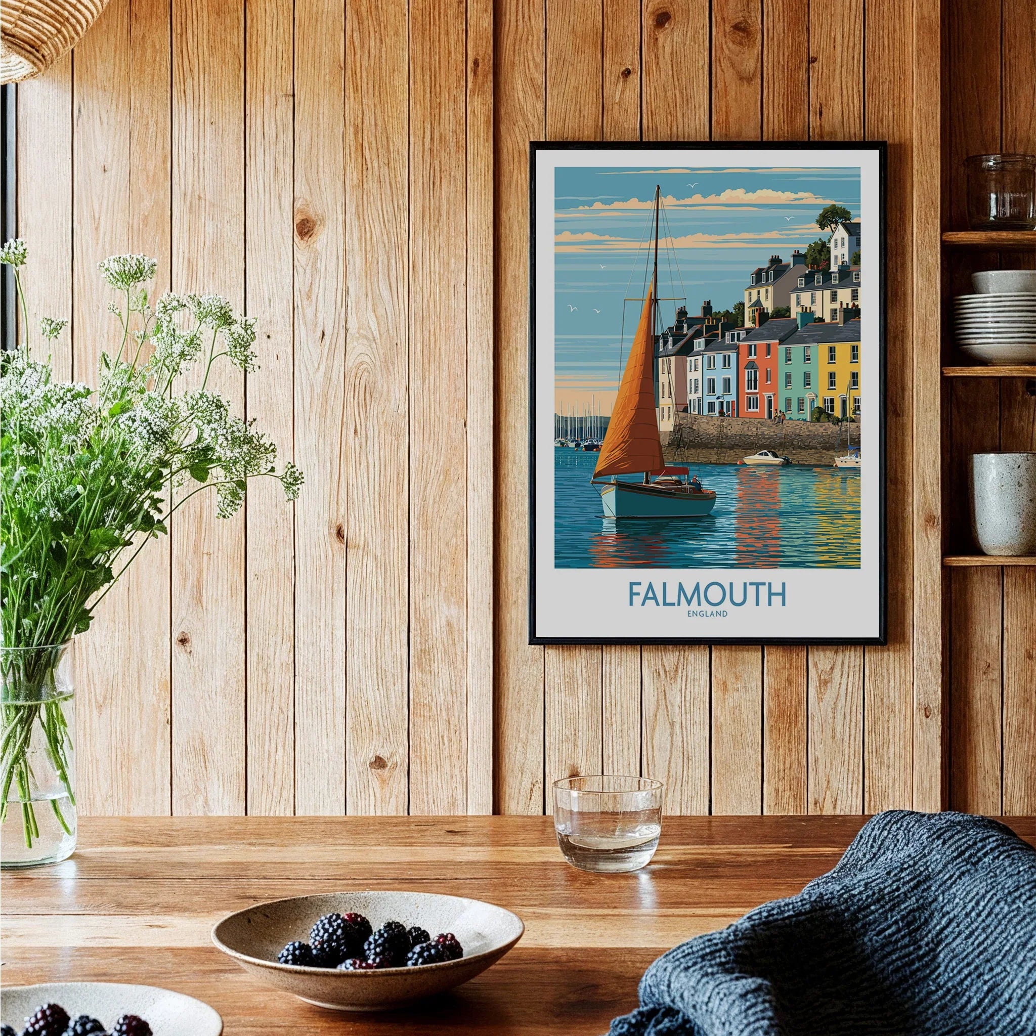 Falmouth Cornwall Harbour Sails Wall Art — black framed art print kitchen setting
