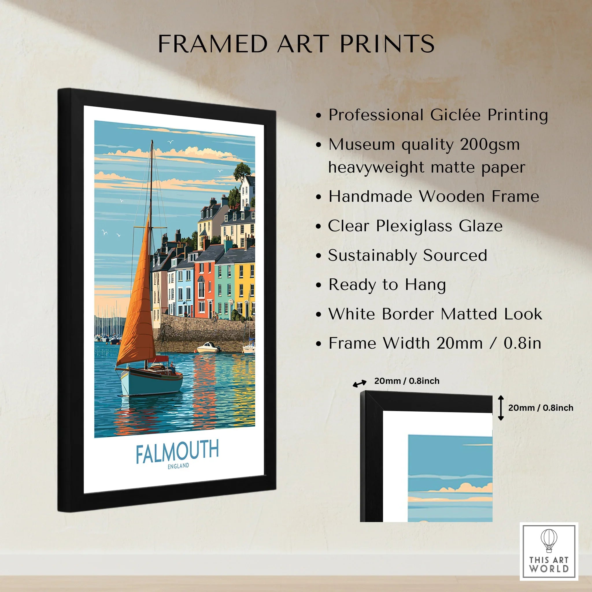 Falmouth Cornwall Harbour Sails Wall Art — framed print details measurements quality details