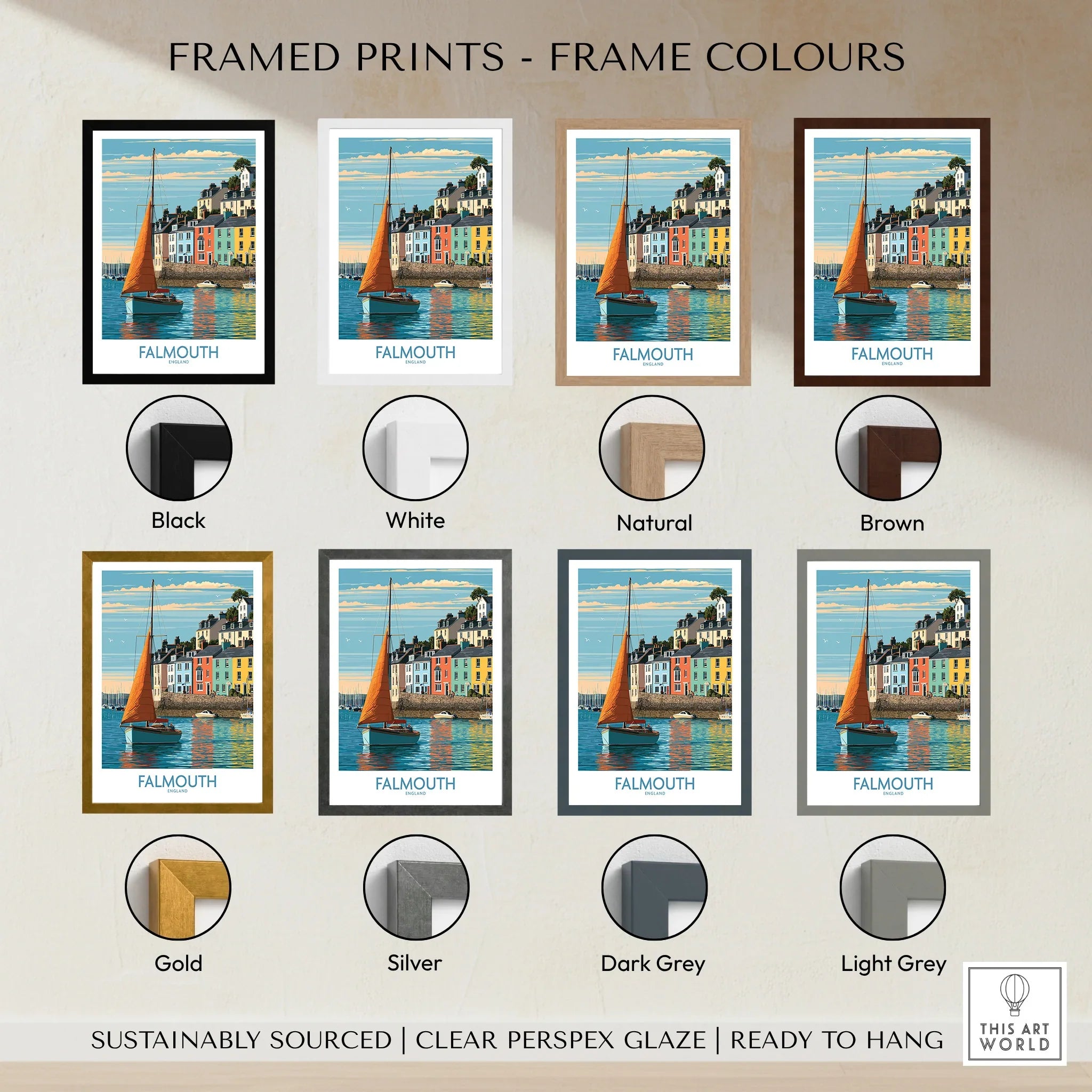 Falmouth Cornwall Harbour Sails Wall Art — framed print colour options