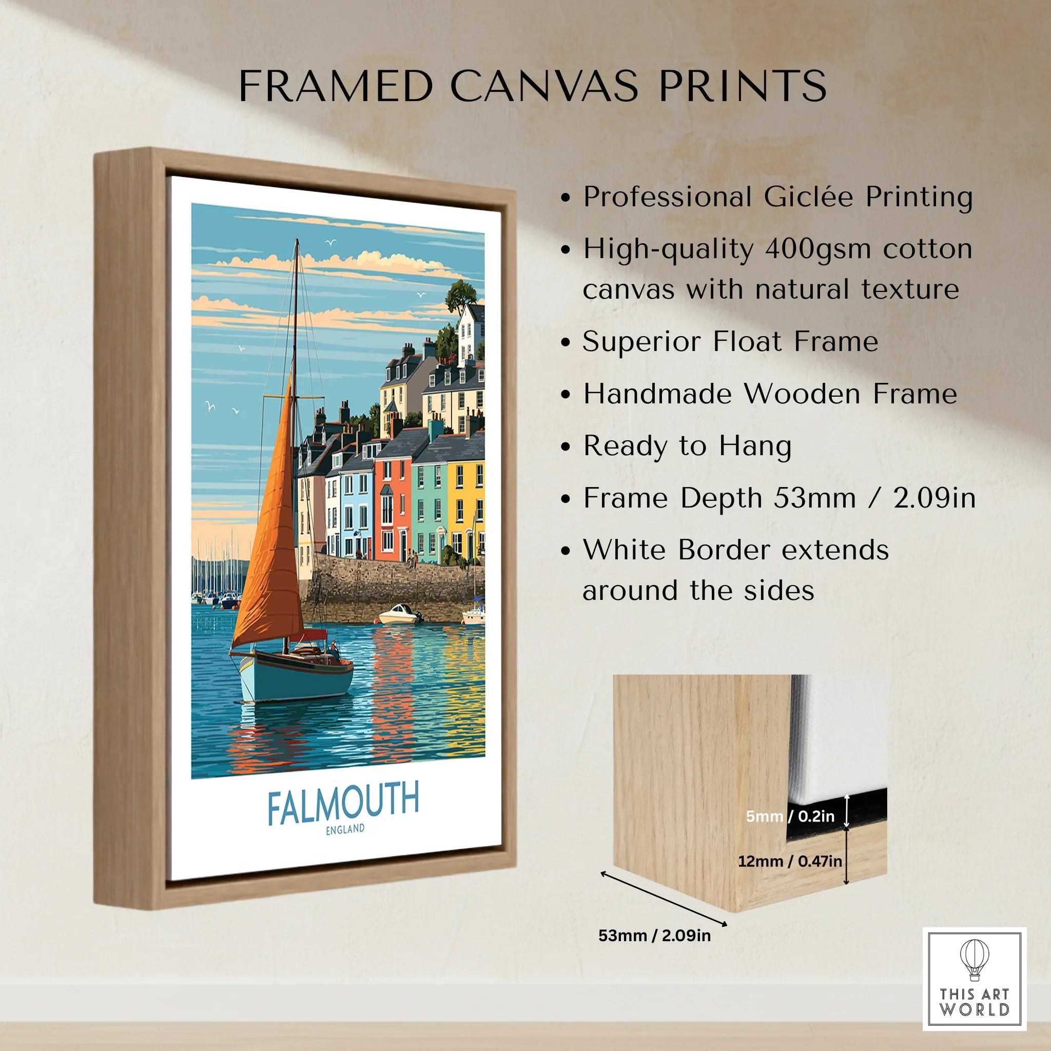 Falmouth Cornwall Harbour Sails Wall Art — framed canvas float frame details quality