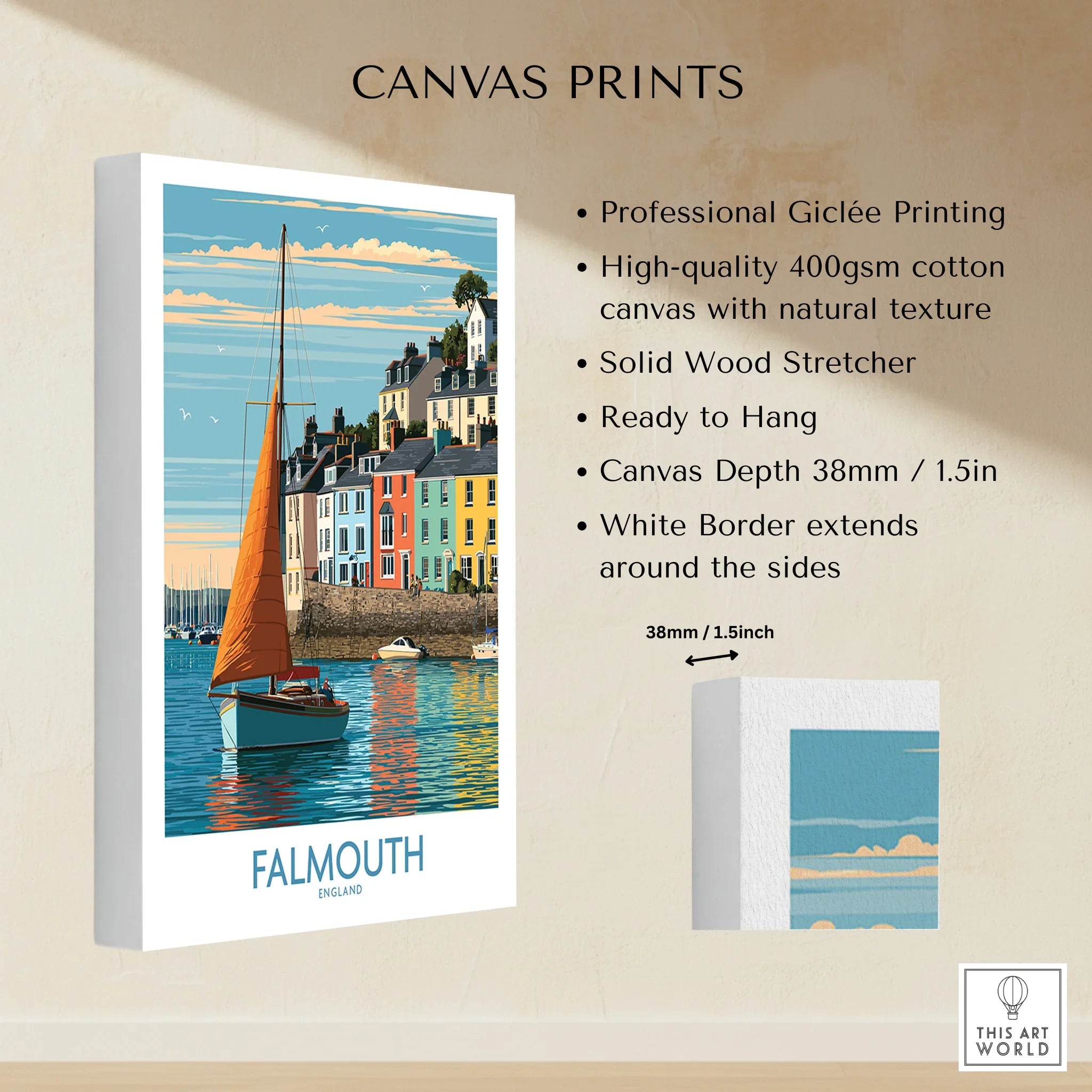Falmouth Cornwall Harbour Sails Wall Art — canvas print stretched cotton canvas details