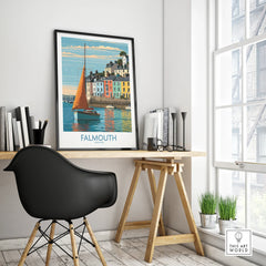 Falmouth Cornwall Harbour Sails Wall Art — framed poster black frame on office desk modern