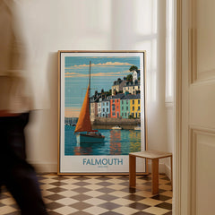 Falmouth Cornwall Harbour Sails Wall Art — framed canvas on floor man walking past
