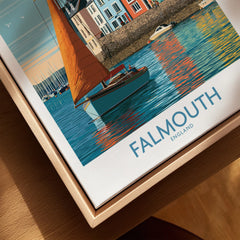 Falmouth Cornwall Harbour Sails Wall Art — closeup framed canvas natural wood floating frame