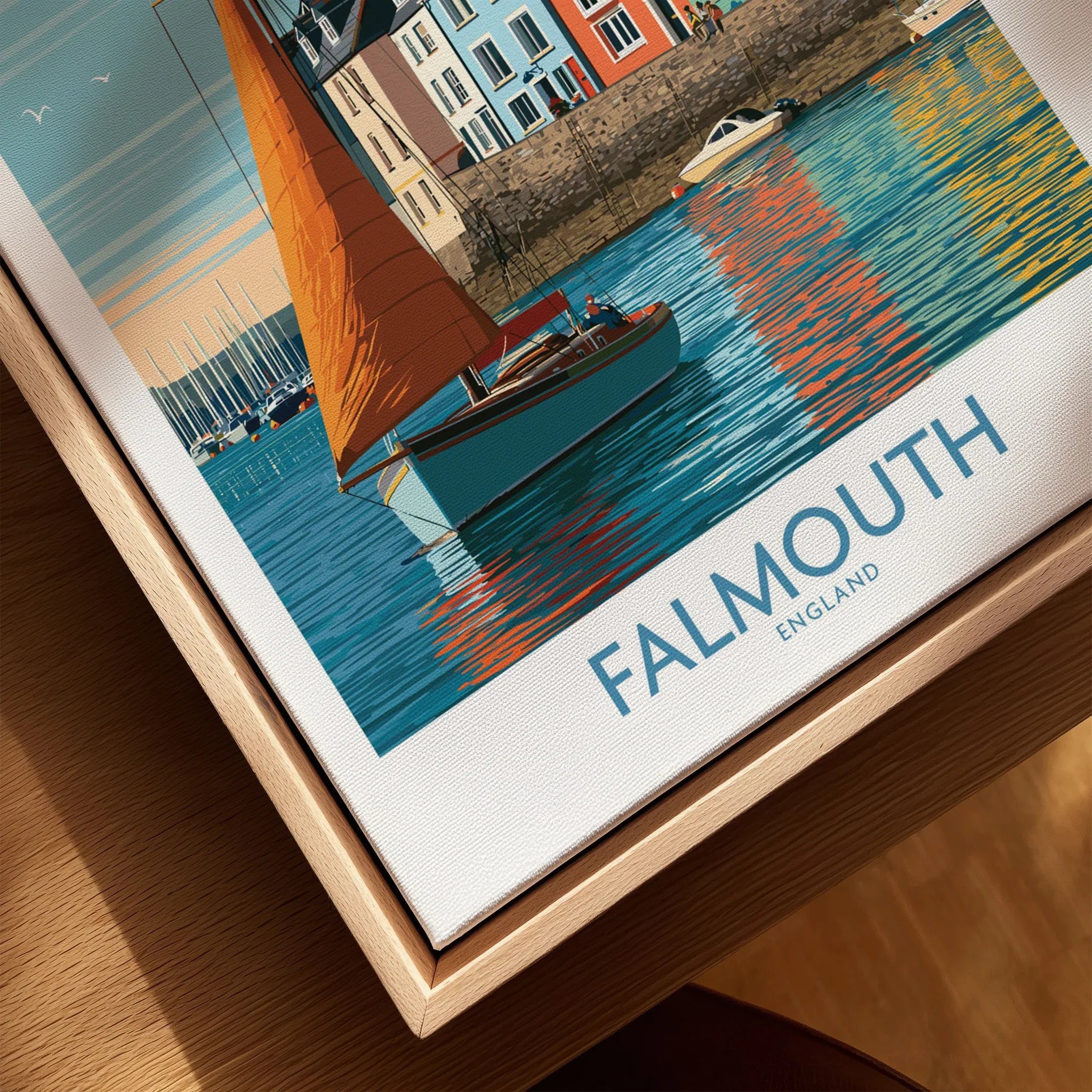 Falmouth Cornwall Harbour Sails Wall Art — closeup framed canvas natural wood floating frame