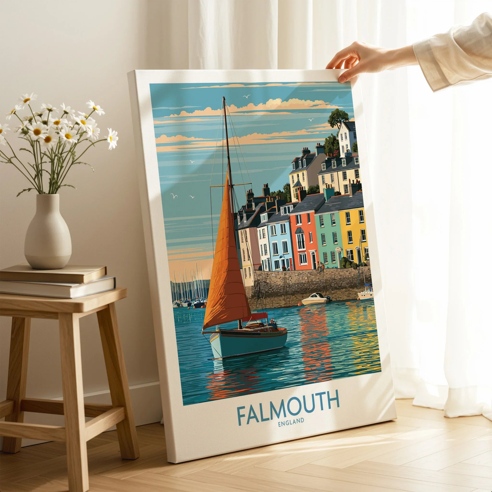 Falmouth Cornwall Harbour Sails Wall Art — canvas print mirror edge hand holding room setting