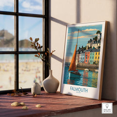 Falmouth Cornwall Harbour Sails Wall Art — framed print window view natural wood frame