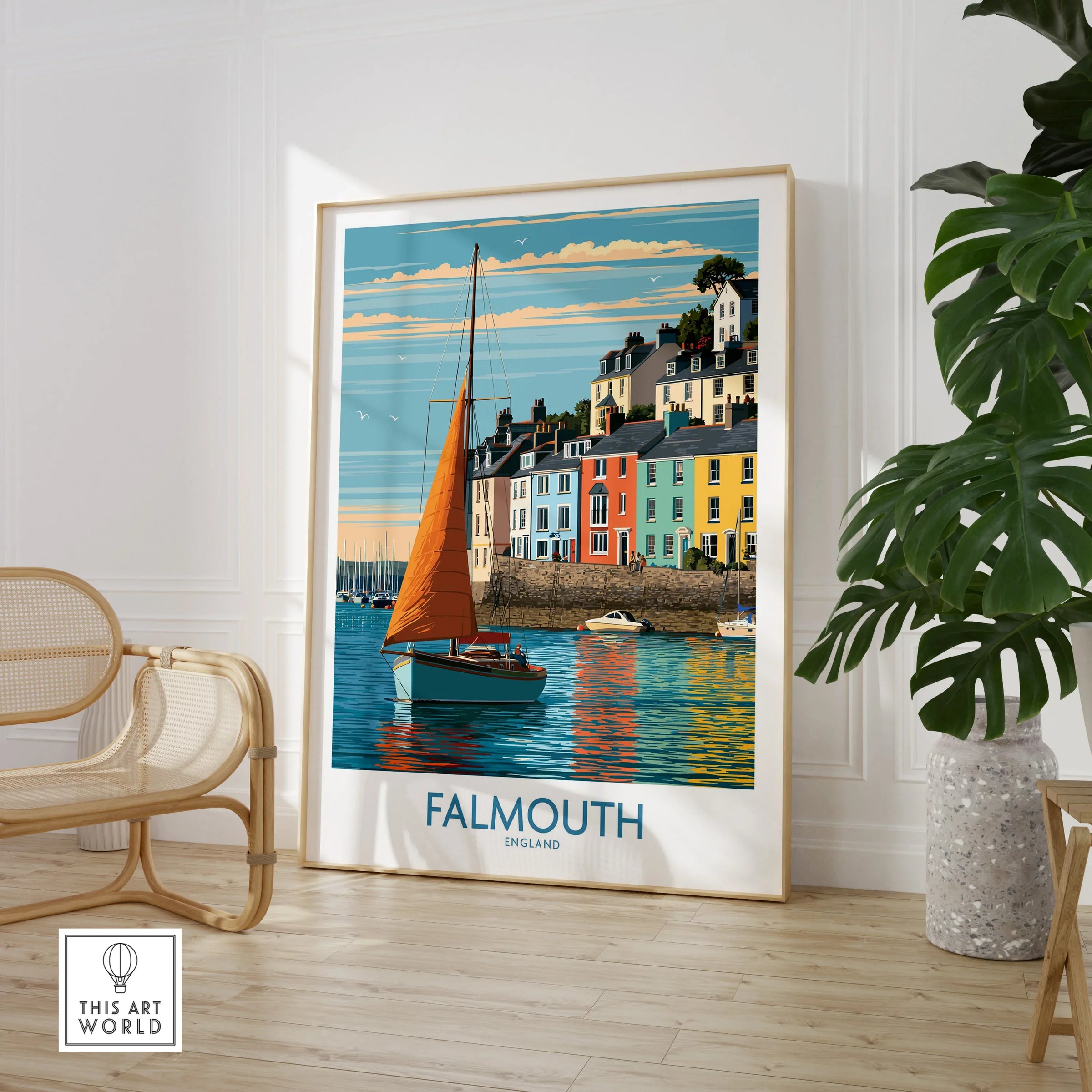 Falmouth Cornwall Harbour Sails Wall Art — large framed print room setting chair plant