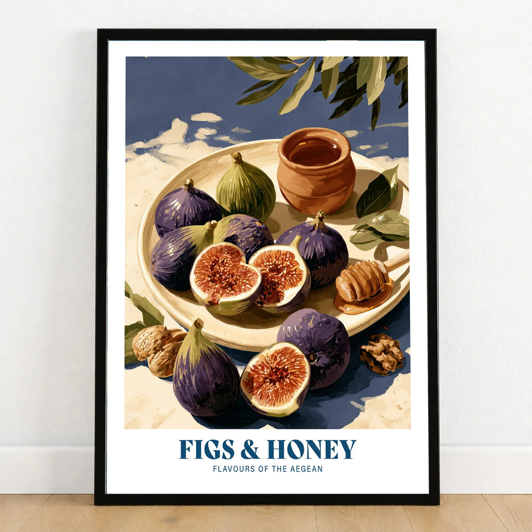 Greek Figs and Honey Kitchen Wall Art - art print in black frame on wooden floor