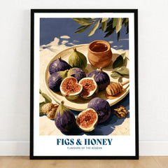 Greek Figs and Honey Kitchen Wall Art - art print in black frame on wooden floor