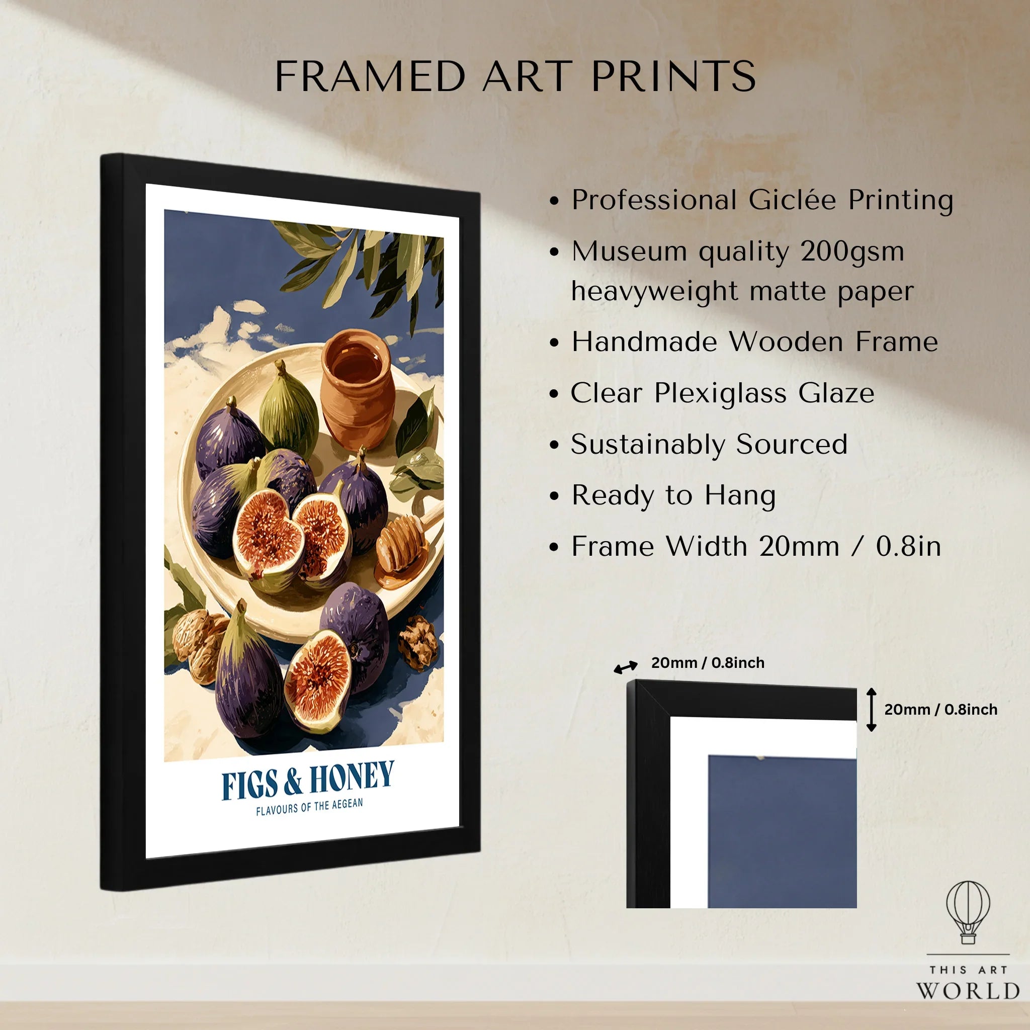Greek Figs and Honey Kitchen Wall Art - framed print details measurements quality details
